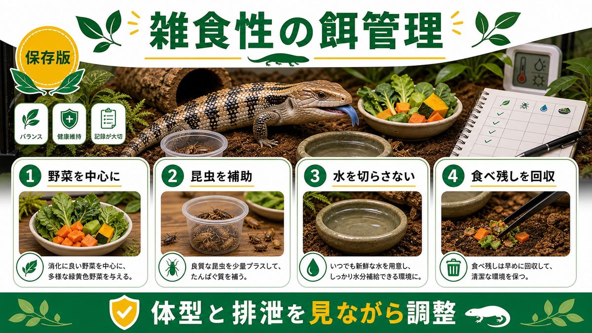 雑食性〜餌と給水の極意の要点をまとめたカメレオン・爬虫類飼育インフォグラフィック