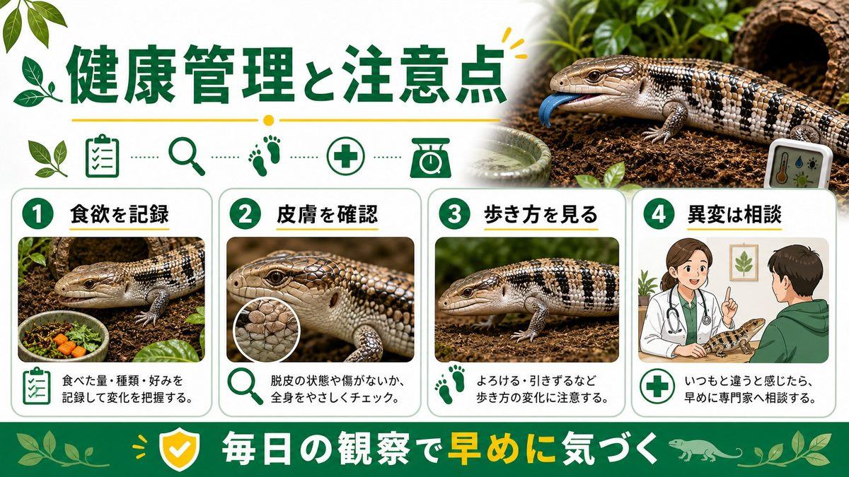 健康管理と注意点の要点をまとめたカメレオン・爬虫類飼育インフォグラフィック