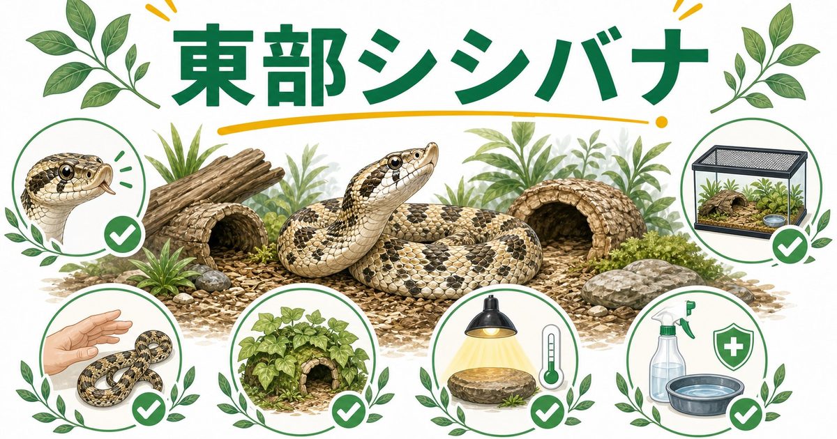 イースタンホグノーズスネーク（ハナブトヘビ）飼育完全ガイド！死んだふり行動・特徴・飼育環境・餌・西部種との違いを徹底解説の要点を伝えるカメレオン・爬虫類記事アイキャッチ画像