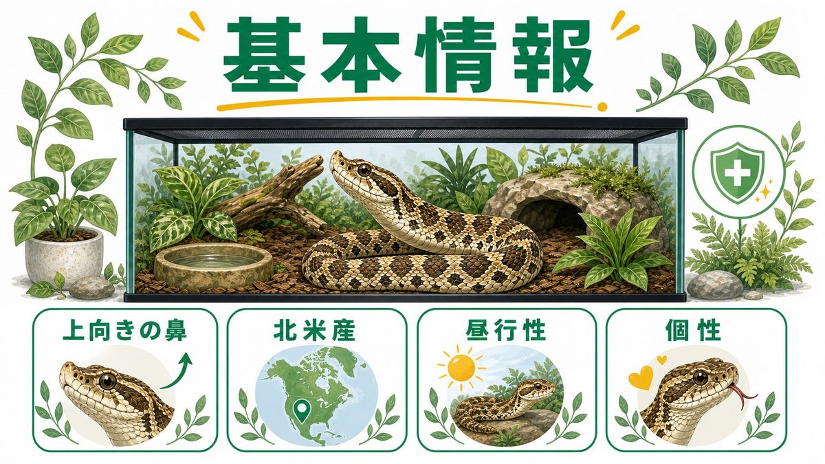 イースタンホグノーズスネーク 基本情報の要点をまとめたカメレオン・爬虫類飼育インフォグラフィック
