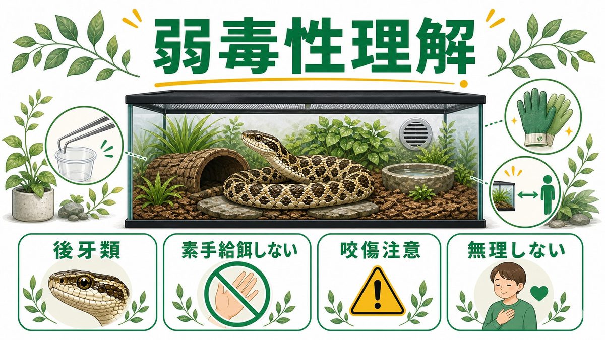 注意点──弱毒性（後牙類）への正しい理解の要点をまとめたカメレオン・爬虫類飼育インフォグラフィック