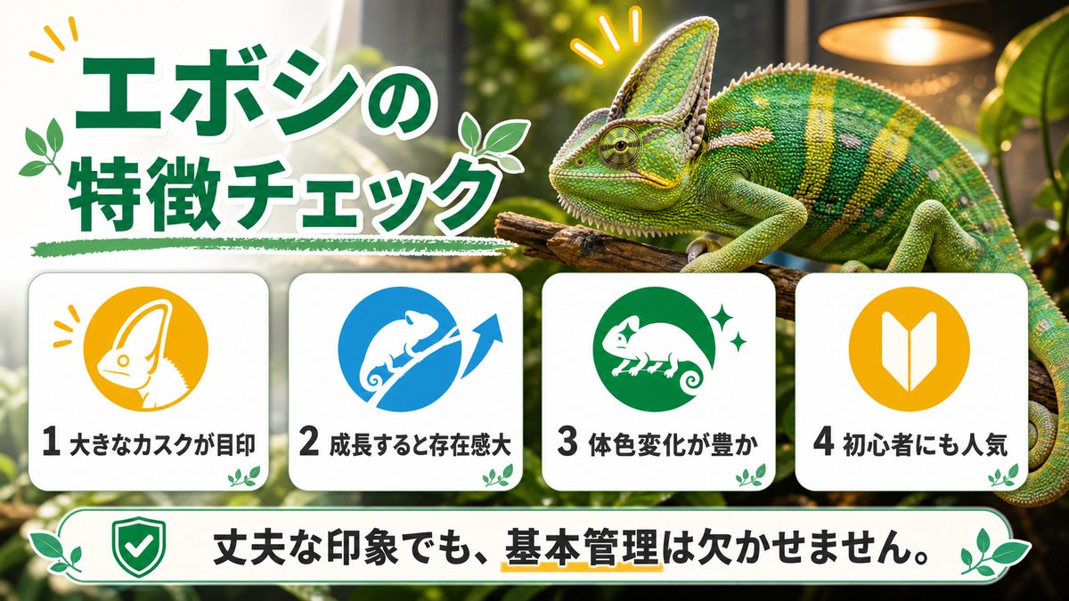 エボシカメレオンってどんなカメレオン?の要点をまとめたカメレオン・爬虫類飼育インフォグラフィック