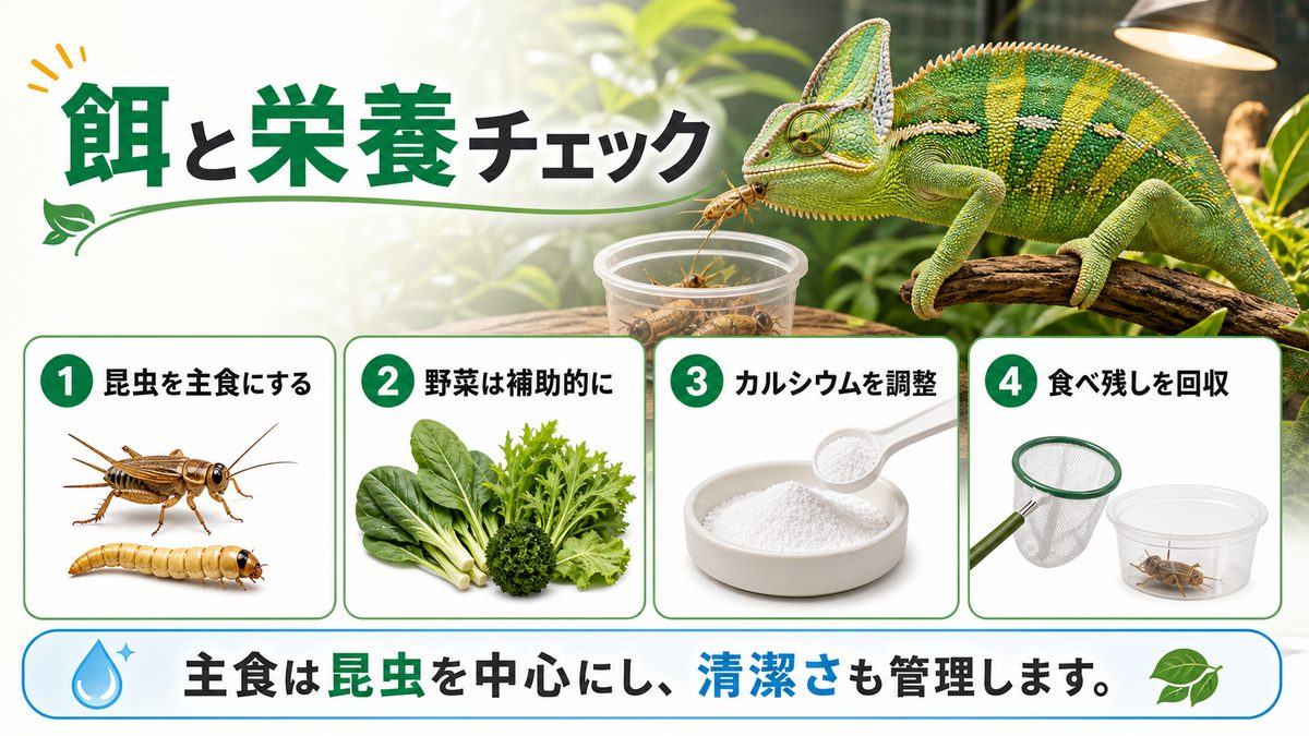 何を食べているの?の要点をまとめたカメレオン・爬虫類飼育インフォグラフィック