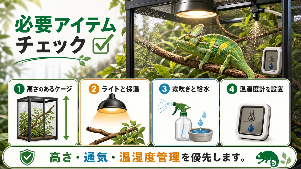 飼育に必要なアイテムについての要点をまとめたカメレオン・爬虫類飼育インフォグラフィック