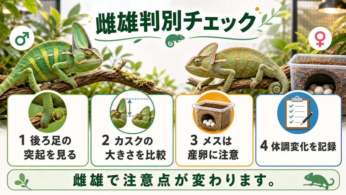 雌雄判別とそれぞれ気を付けるべき問題についての要点をまとめたカメレオン・爬虫類飼育インフォグラフィック