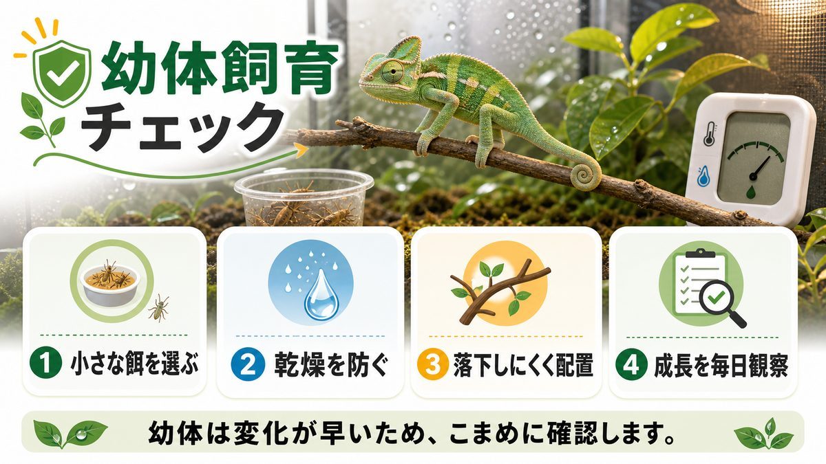 エボシカメレオンの幼体を飼育する時の注意点についての要点をまとめたカメレオン・爬虫類飼育インフォグラフィック