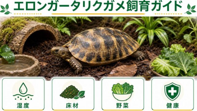 エロンガータリクガメ（キボシリクガメ）飼育完全ガイド！特徴・温度・餌・床材・注意点を徹底解説の要点を伝えるカメレオン・爬虫類記事アイキャッチ画像