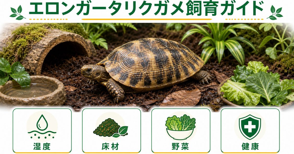 エロンガータリクガメ（キボシリクガメ）飼育完全ガイド！特徴・温度・餌・床材・注意点を徹底解説の要点を伝えるカメレオン・爬虫類記事アイキャッチ画像