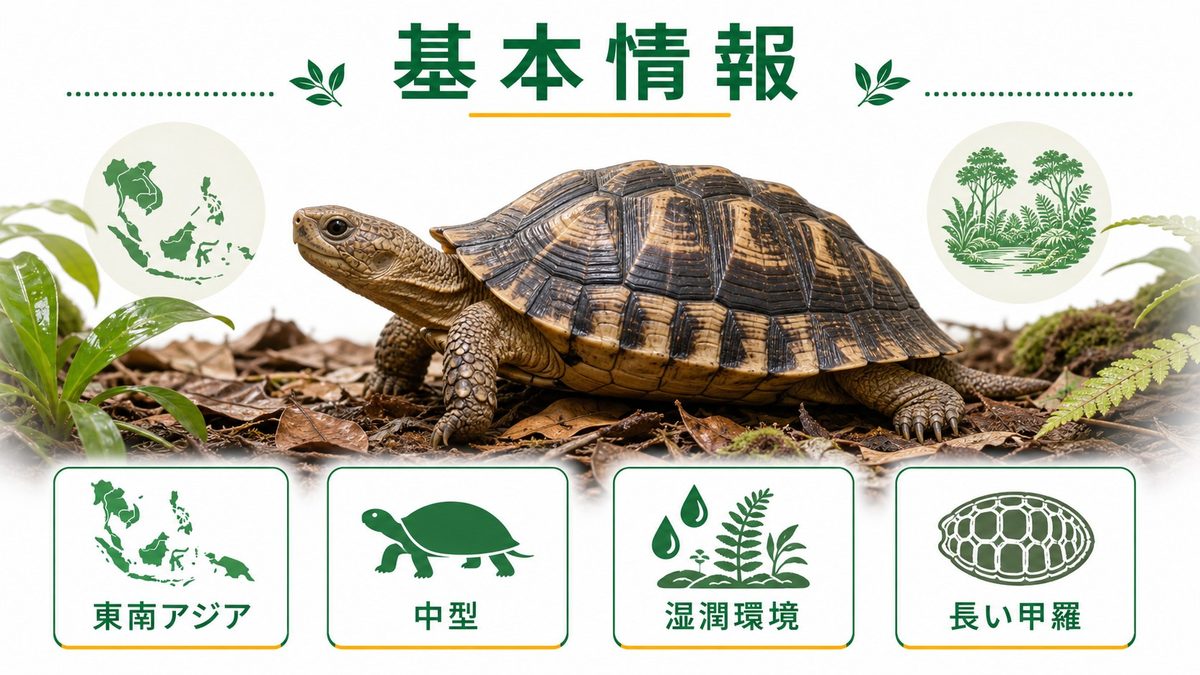 エロンガータリクガメの基本情報の要点をまとめたカメレオン・爬虫類飼育インフォグラフィック