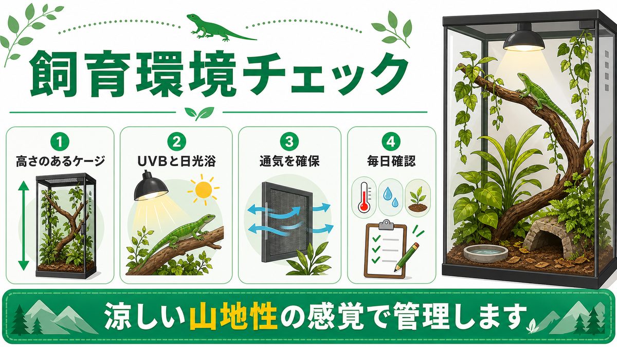 ③ 飼育環境の整え方|ケージ・温度・UVBライトの設定の要点をまとめたカメレオン・爬虫類飼育インフォグラフィック