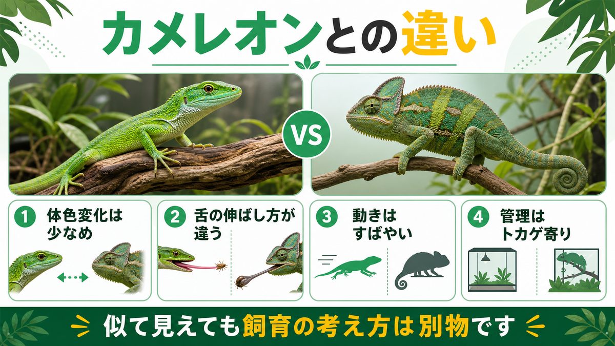 ⑤ カメレオンとの違い|「色変わる?」「飼いやすい?」を徹底比較の要点をまとめたカメレオン・爬虫類飼育インフォグラフィック