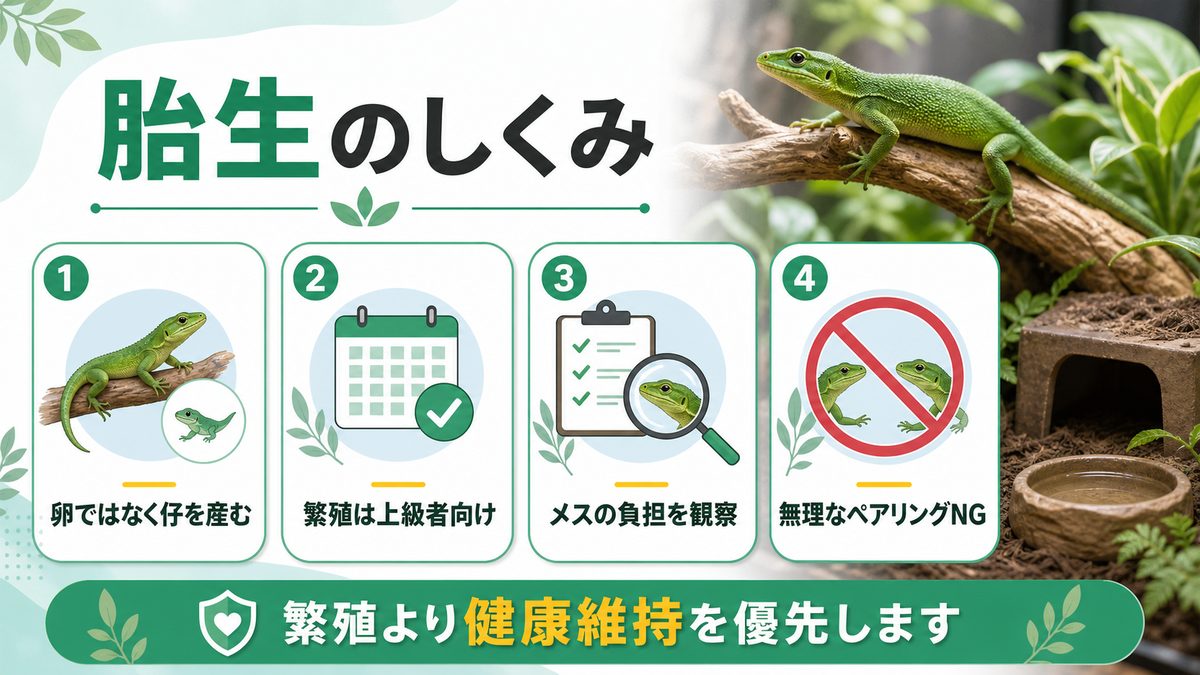 ⑥ 繁殖・胎生の仕組み|お腹の中で育てる珍しい爬虫類の要点をまとめたカメレオン・爬虫類飼育インフォグラフィック