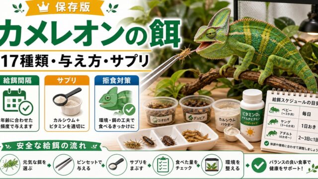 【ご機嫌なご飯タイム】カメレオンの餌”17種類”とその与え方を徹底解説！【サプリメント】の要点を伝えるカメレオン・爬虫類記事アイキャッチ画像
