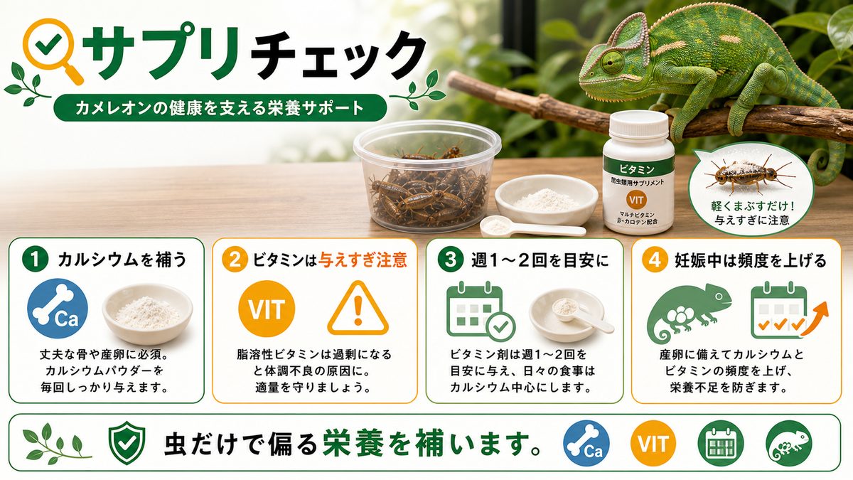 サプリメントについての要点をまとめたカメレオン・爬虫類飼育インフォグラフィック