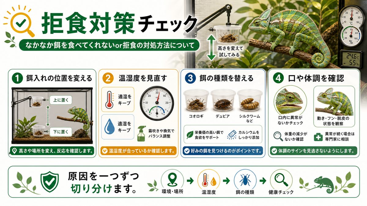 なかなか餌を食べてくれないor拒食の対処方法についての要点をまとめたカメレオン・爬虫類飼育インフォグラフィック
