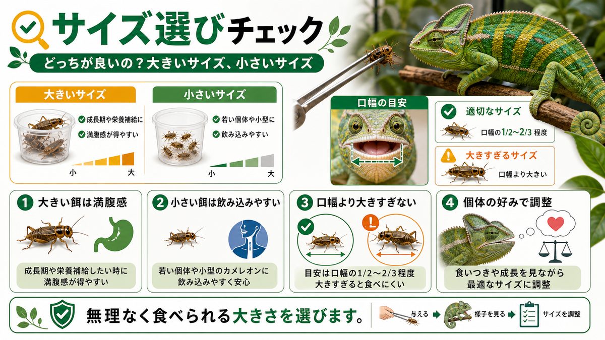 どっちが良いの？大きいサイズ、小さいサイズの要点をまとめたカメレオン・爬虫類飼育インフォグラフィック