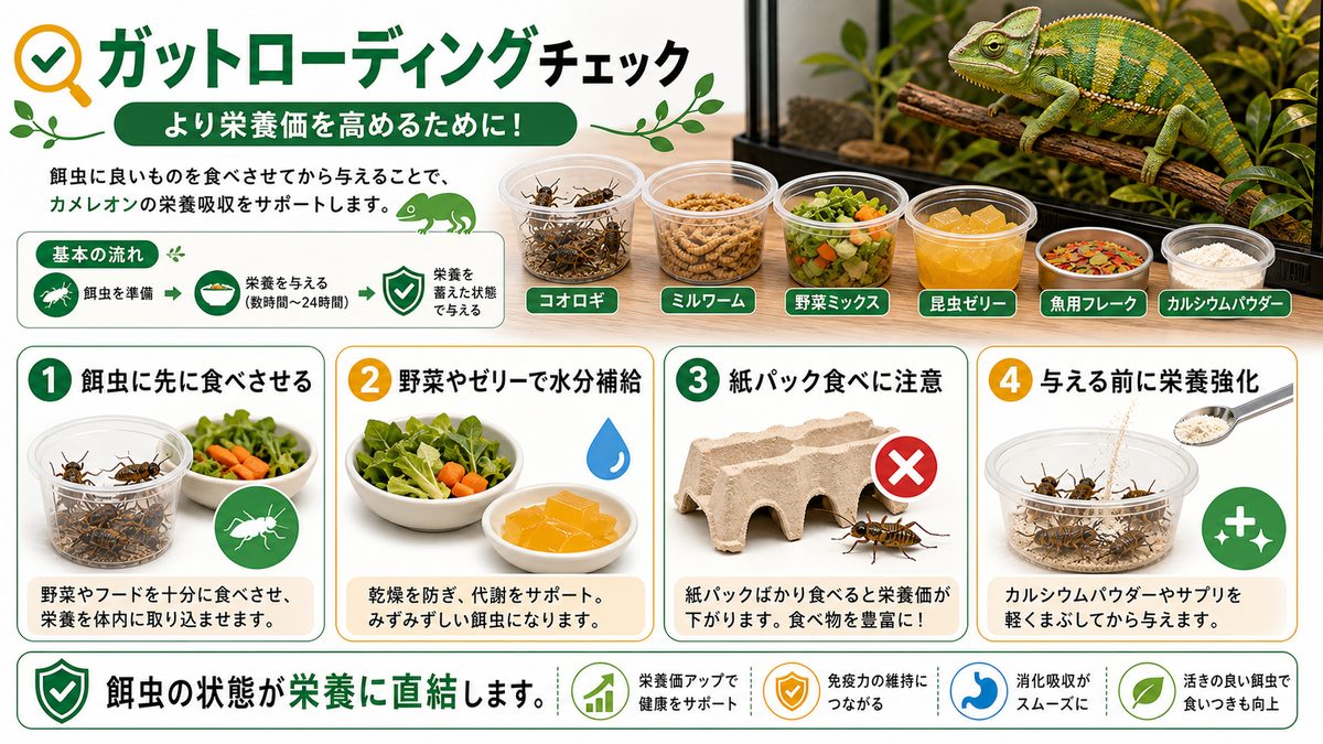 より栄養価を高めるために！ガットローディングについての要点をまとめたカメレオン・爬虫類飼育インフォグラフィック