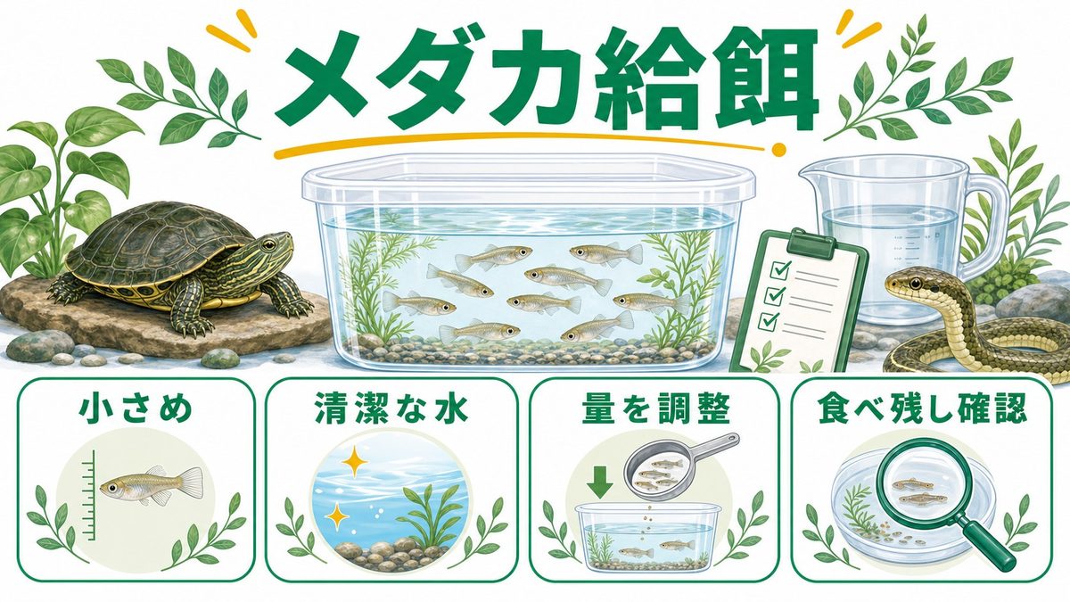 メダカ給餌完全ガイドの要点をまとめたカメレオン・爬虫類飼育インフォグラフィック