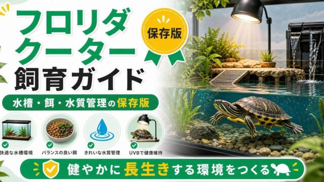 フロリダクーター（Pseudemys floridana）飼育完全ガイド！北米産大型草食系水棲ガメの特徴・水槽・餌・水質管理を徹底解説の要点を伝えるカメレオン・爬虫類記事アイキャッチ画像