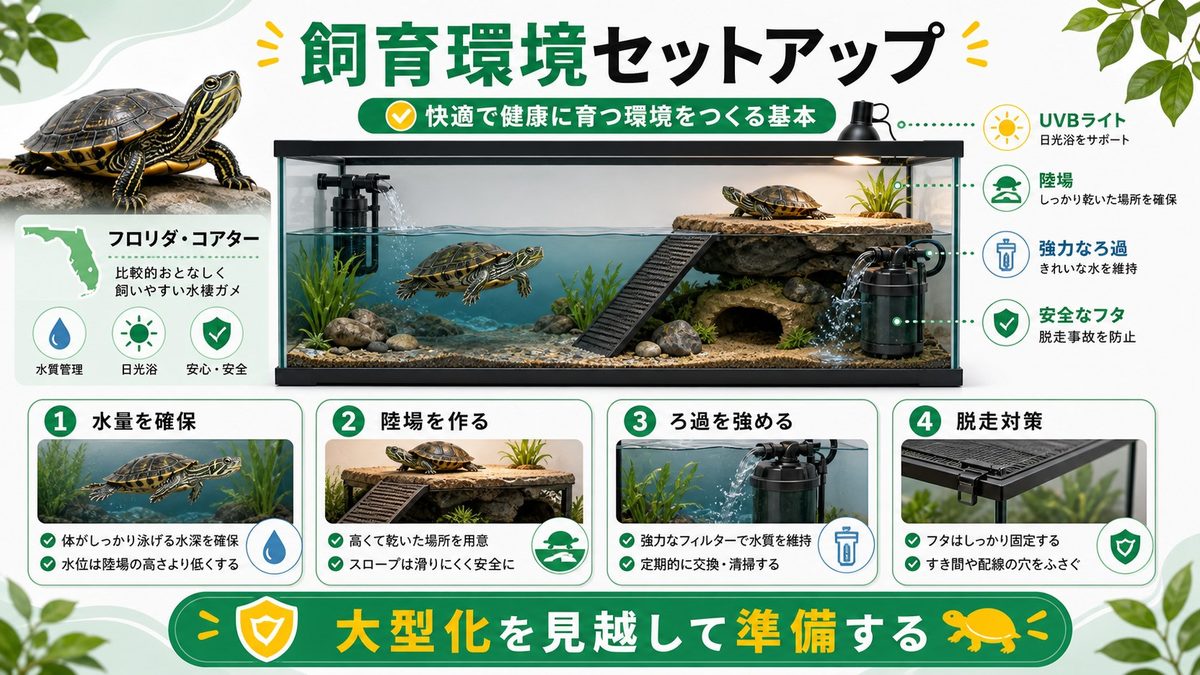 飼育環境のセットアップの要点をまとめたカメレオン・爬虫類飼育インフォグラフィック