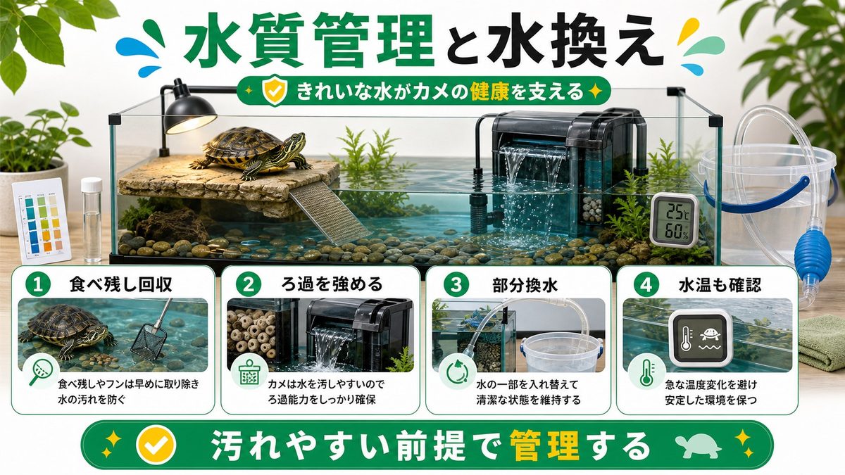 水質管理と水換えのコツの要点をまとめたカメレオン・爬虫類飼育インフォグラフィック