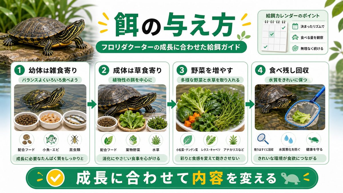 餌の与え方（雑食→草食シフト）の要点をまとめたカメレオン・爬虫類飼育インフォグラフィック