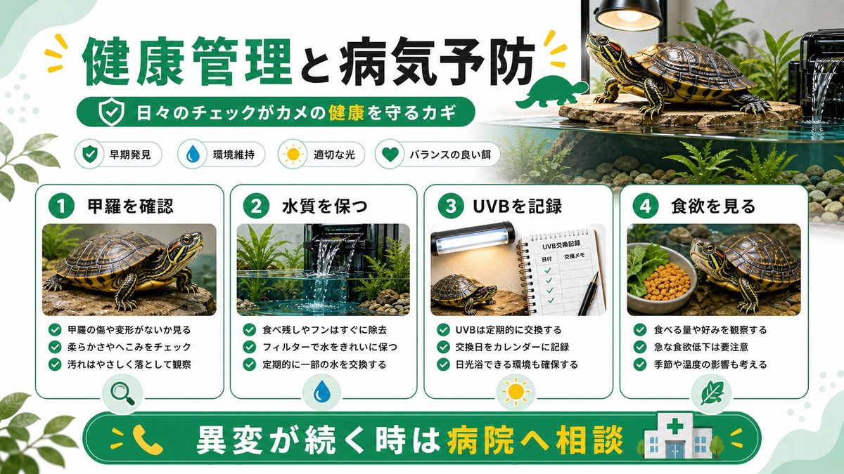 健康管理と病気予防の要点をまとめたカメレオン・爬虫類飼育インフォグラフィック