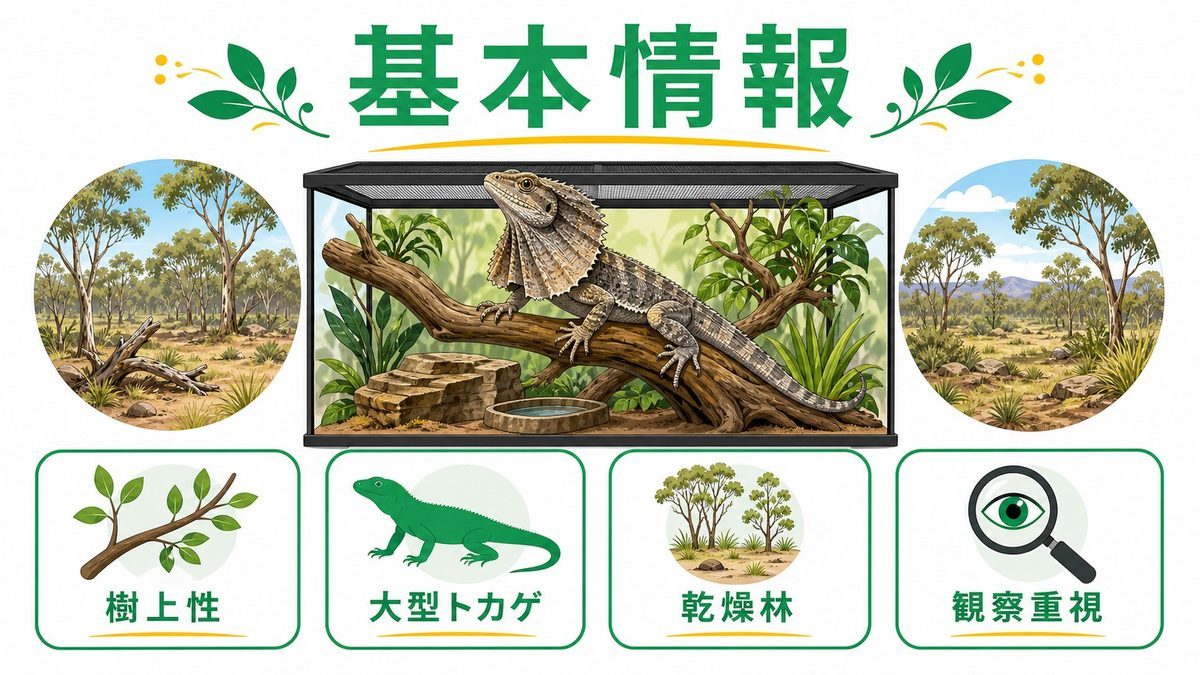 エリマキトカゲの基本情報の要点をまとめたカメレオン・爬虫類飼育インフォグラフィック
