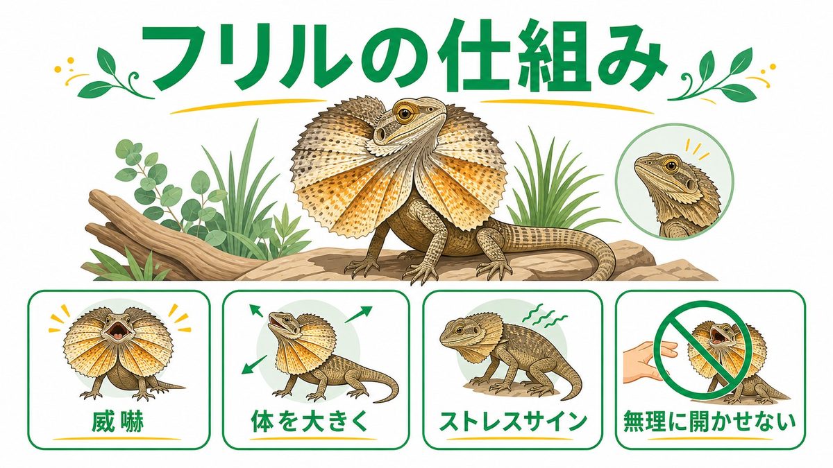 フリルの仕組みと生態の秘密の要点をまとめたカメレオン・爬虫類飼育インフォグラフィック