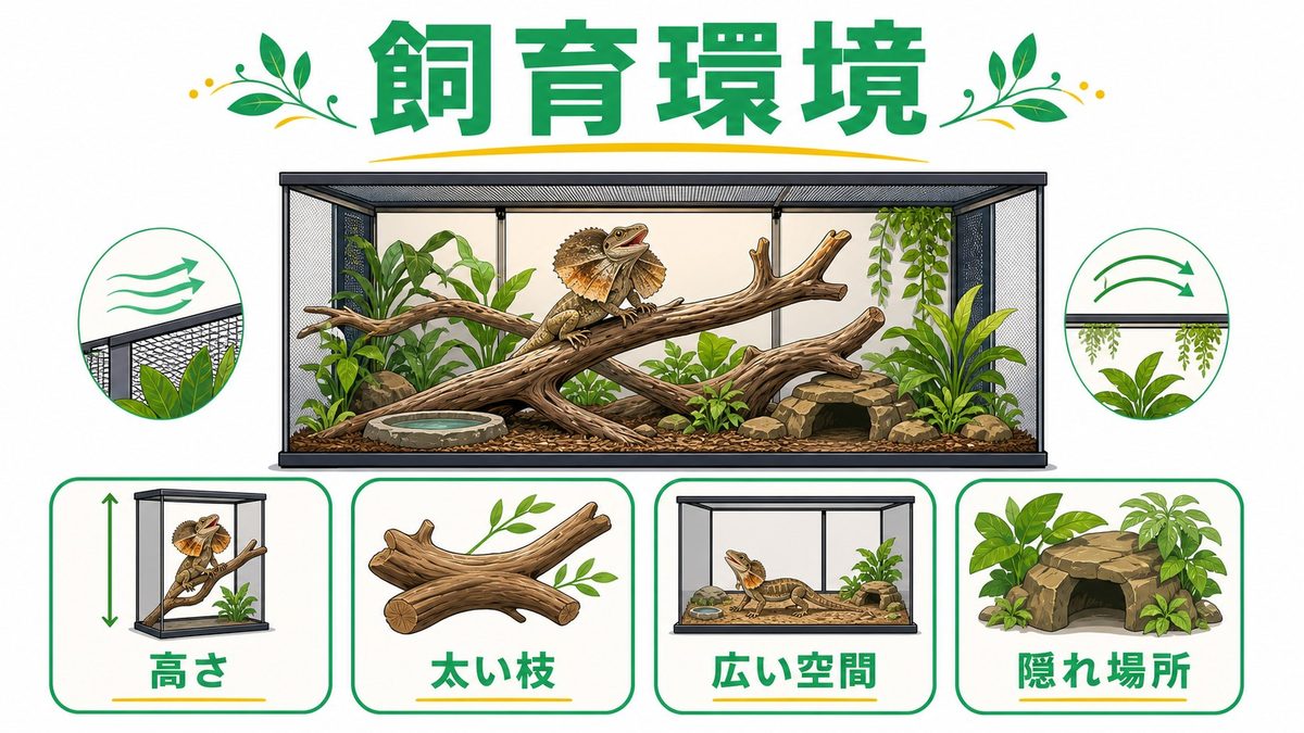 飼育環境のセットアップの要点をまとめたカメレオン・爬虫類飼育インフォグラフィック