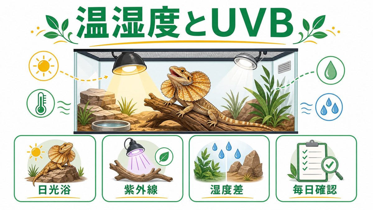 温湿度・UVB管理の要点をまとめたカメレオン・爬虫類飼育インフォグラフィック