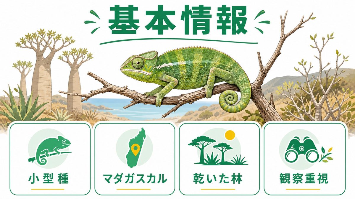 アンジェルカメレオンの基本情報の要点をまとめたカメレオン・爬虫類飼育インフォグラフィック