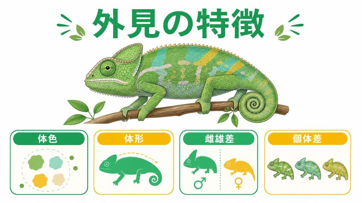 外見の特徴と雌雄の違いの要点をまとめたカメレオン・爬虫類飼育インフォグラフィック