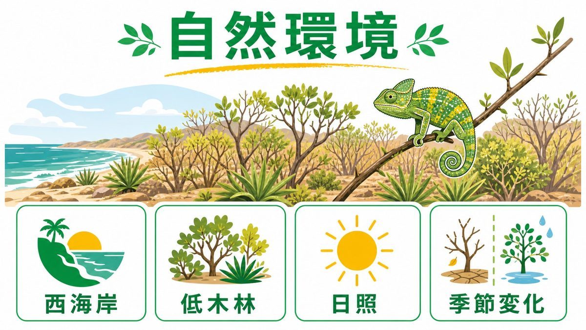 自然環境と生態の要点をまとめたカメレオン・爬虫類飼育インフォグラフィック