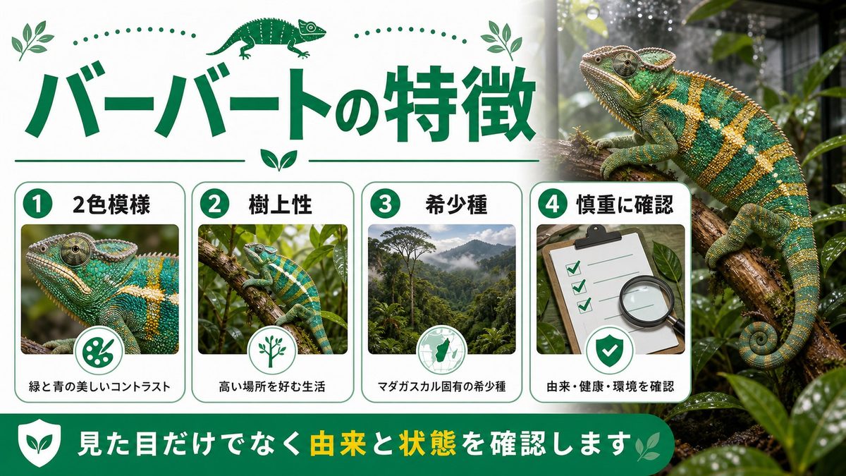 バーバートカメレオンの基本情報と特徴の要点をまとめたカメレオン・爬虫類飼育インフォグラフィック