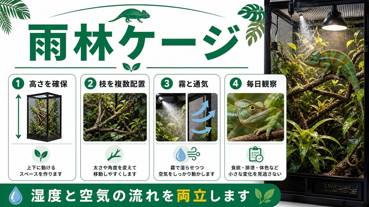 飼育ケージと環境設定の要点をまとめたカメレオン・爬虫類飼育インフォグラフィック