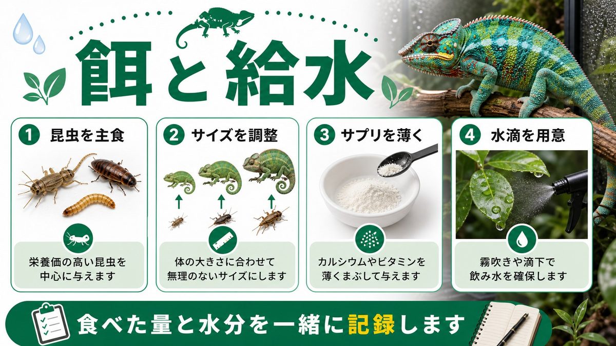 餌・給餌管理の要点をまとめたカメレオン・爬虫類飼育インフォグラフィック