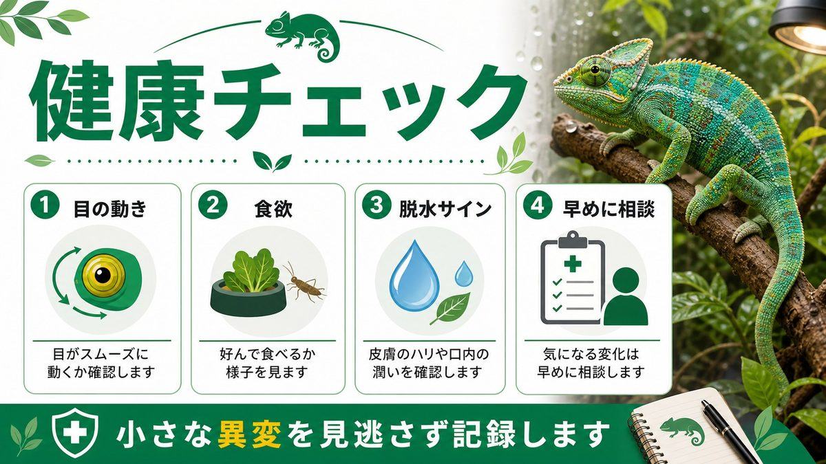 健康管理・かかりやすい病気の要点をまとめたカメレオン・爬虫類飼育インフォグラフィック
