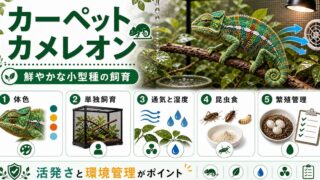 カーペットカメレオン（マジョール）の飼い方・育て方を徹底解説！生息地・繁殖・注意点の要点を伝えるカメレオン・爬虫類記事アイキャッチ画像
