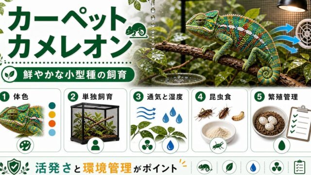 カーペットカメレオン（マジョール）の飼い方・育て方を徹底解説！生息地・繁殖・注意点の要点を伝えるカメレオン・爬虫類記事アイキャッチ画像
