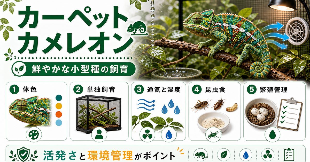 カーペットカメレオン（マジョール）の飼い方・育て方を徹底解説！生息地・繁殖・注意点の要点を伝えるカメレオン・爬虫類記事アイキャッチ画像