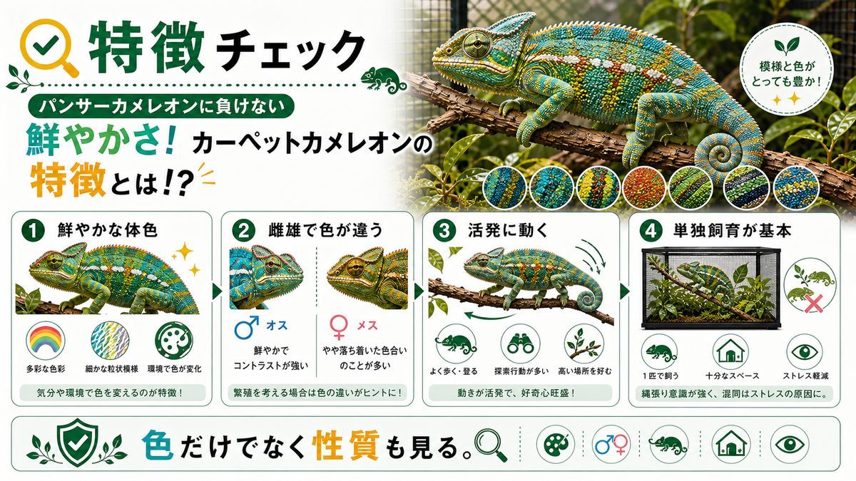 パンサーカメレオンに負けない鮮やかさ！カーペットカメレオンの特徴とは！？の要点をまとめたカメレオン・爬虫類飼育インフォグラフィック