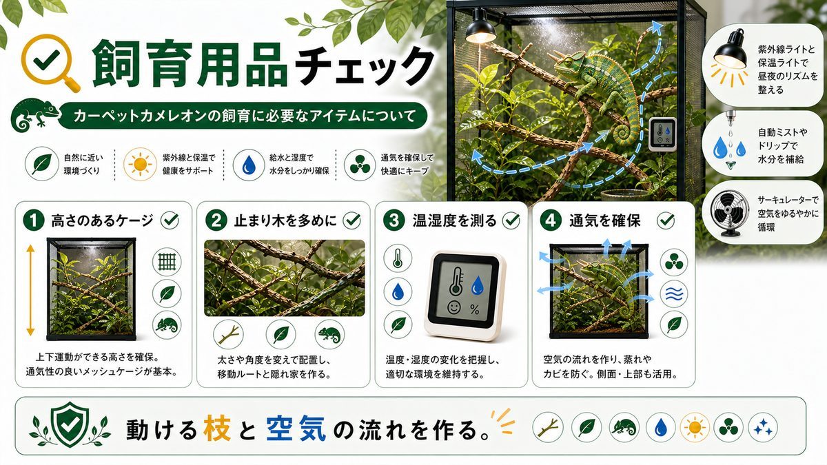 カーペットカメレオンの飼育に必要なアイテムについての要点をまとめたカメレオン・爬虫類飼育インフォグラフィック