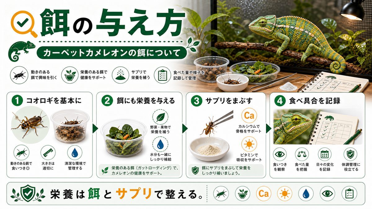 カーペットカメレオンの餌についての要点をまとめたカメレオン・爬虫類飼育インフォグラフィック