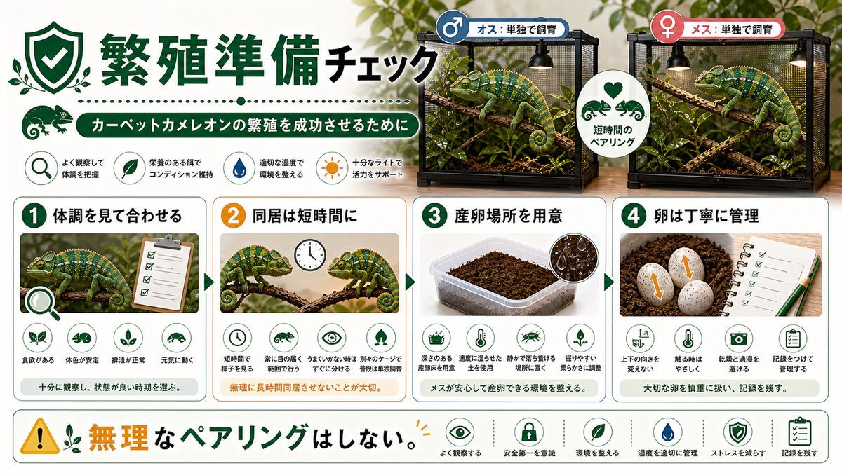 カーペットカメレオンの繁殖についての要点をまとめたカメレオン・爬虫類飼育インフォグラフィック