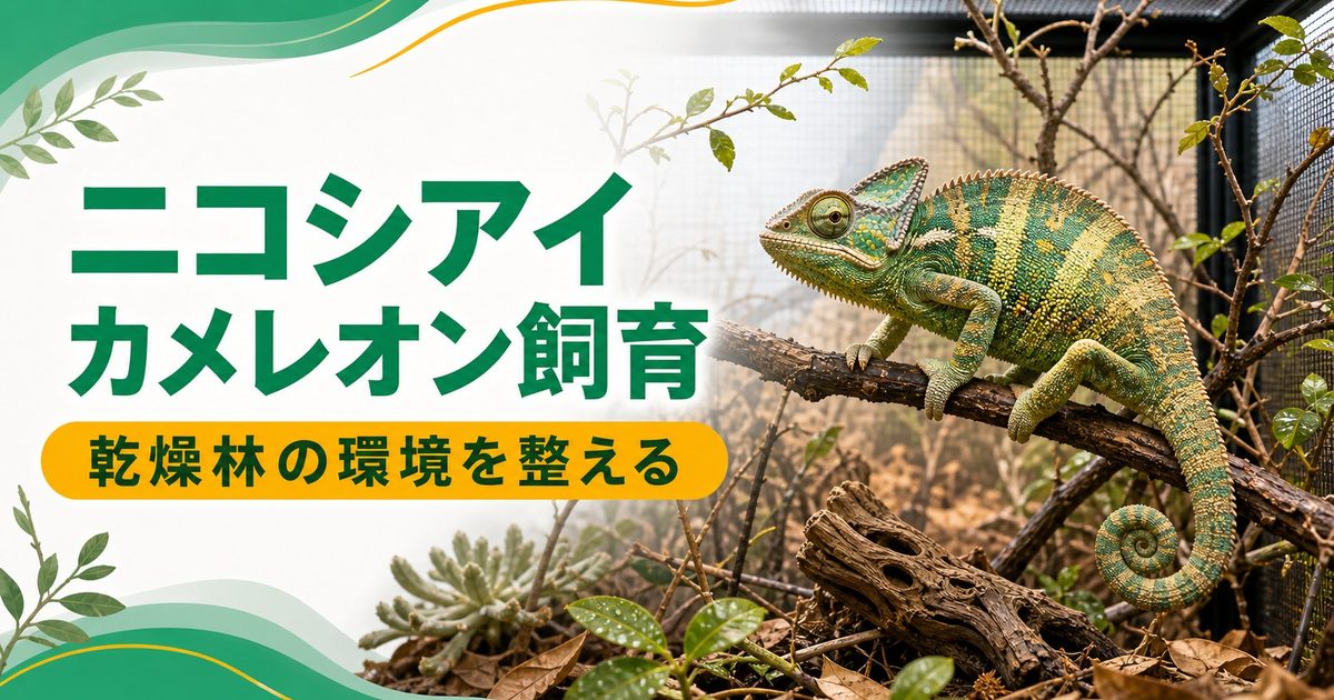 【ニコシアイカメレオン】Furcifer nicosiai の特徴・生態・飼育方法を徹底解説！マダガスカル南西部の希少乾燥系カメレオンの要点を伝えるカメレオン・爬虫類記事アイキャッチ画像