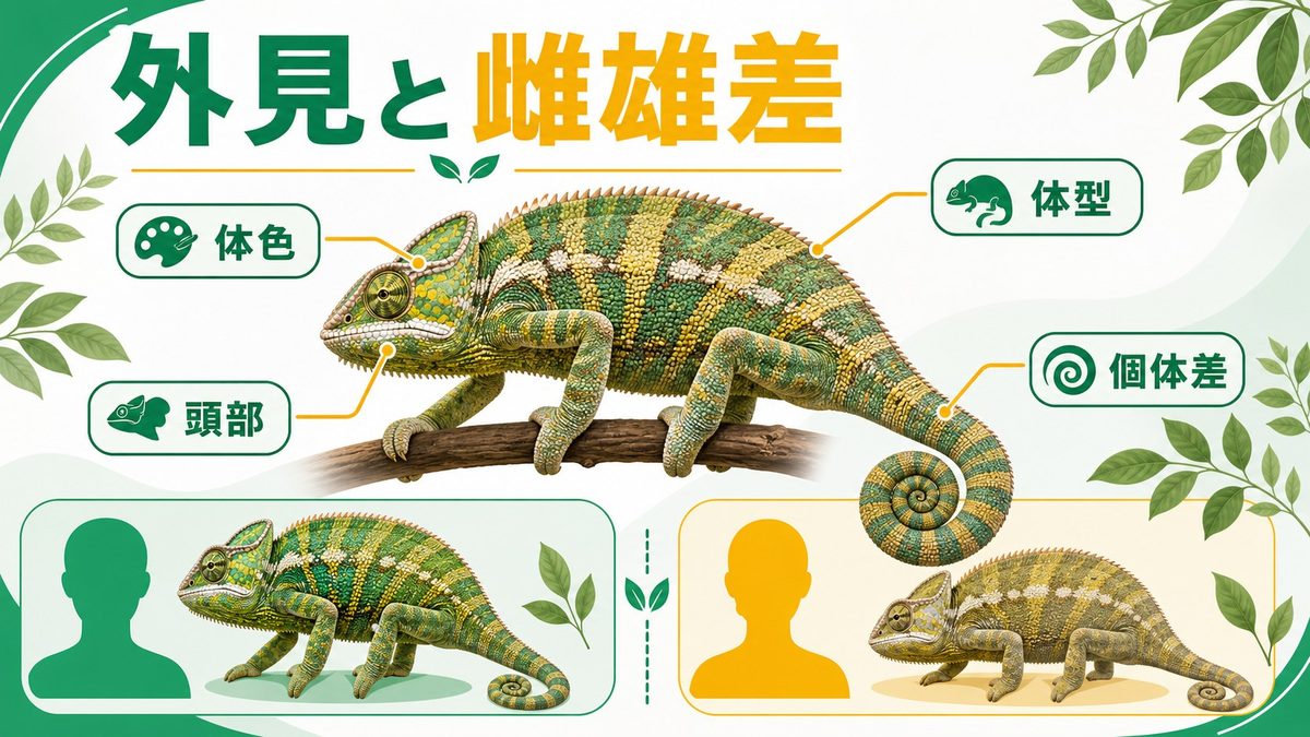 外見の特徴と雌雄差の要点をまとめたカメレオン・爬虫類飼育インフォグラフィック