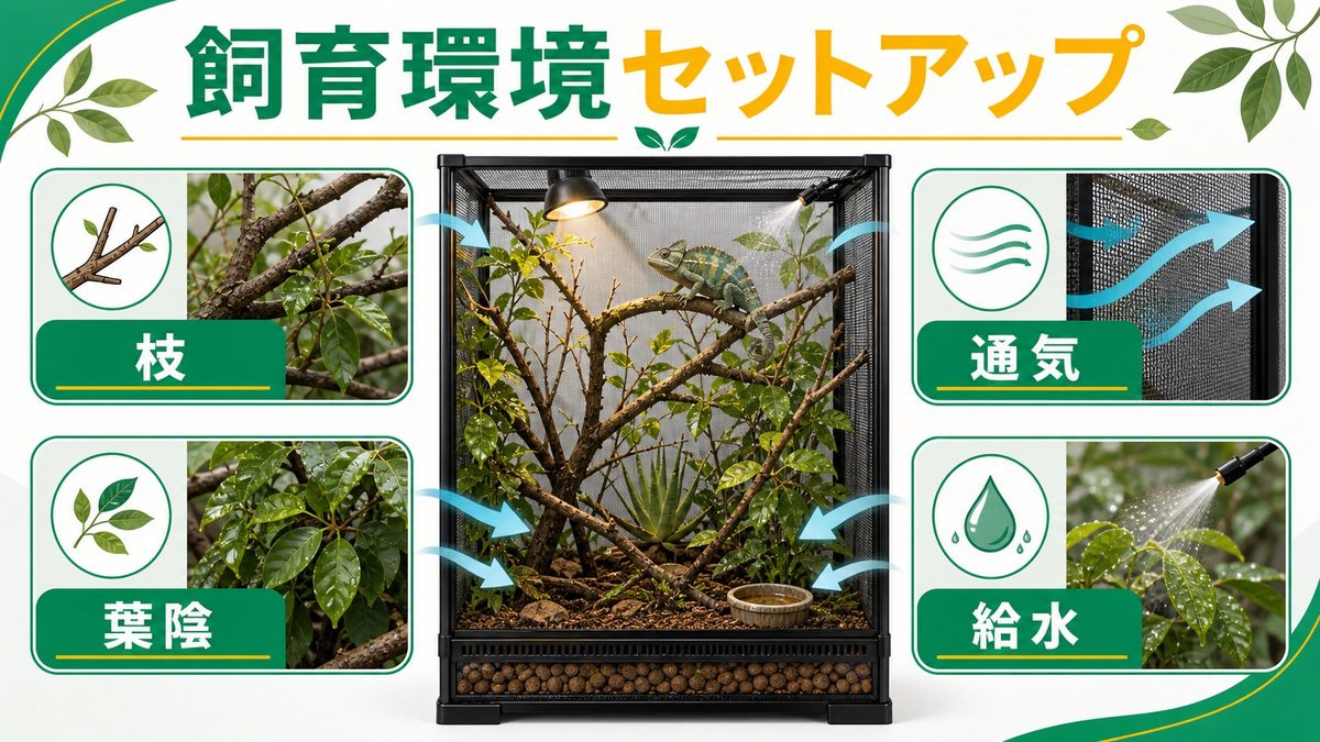 飼育環境のセットアップの要点をまとめたカメレオン・爬虫類飼育インフォグラフィック