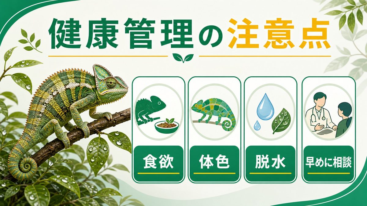 注意点・健康管理の要点をまとめたカメレオン・爬虫類飼育インフォグラフィック