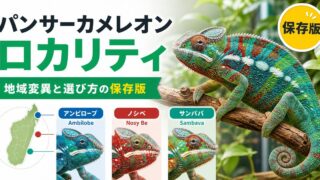 パンサーカメレオン地域変異（ロカリティ）完全ガイド！アンビロベ・ノシベ・サンバヴァの特徴・飼育ポイントを徹底解説の要点を伝えるカメレオン・爬虫類記事アイキャッチ画像